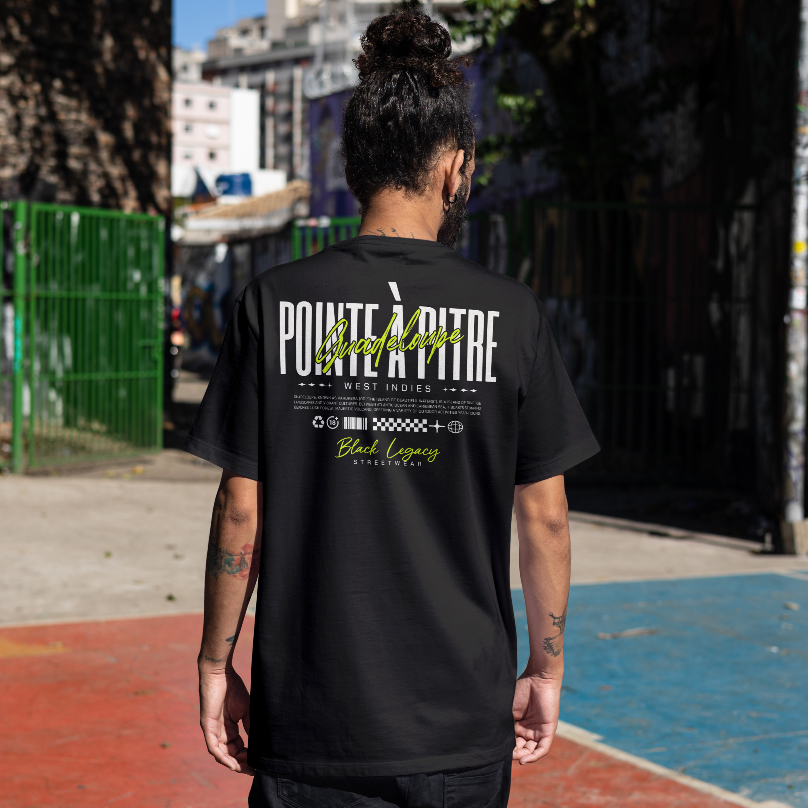 T-SHIRT UNISEXE NOIR MODELE DE DOS - POINTE À PITRE FLUO - BLACK LEGACY STREETWEAR