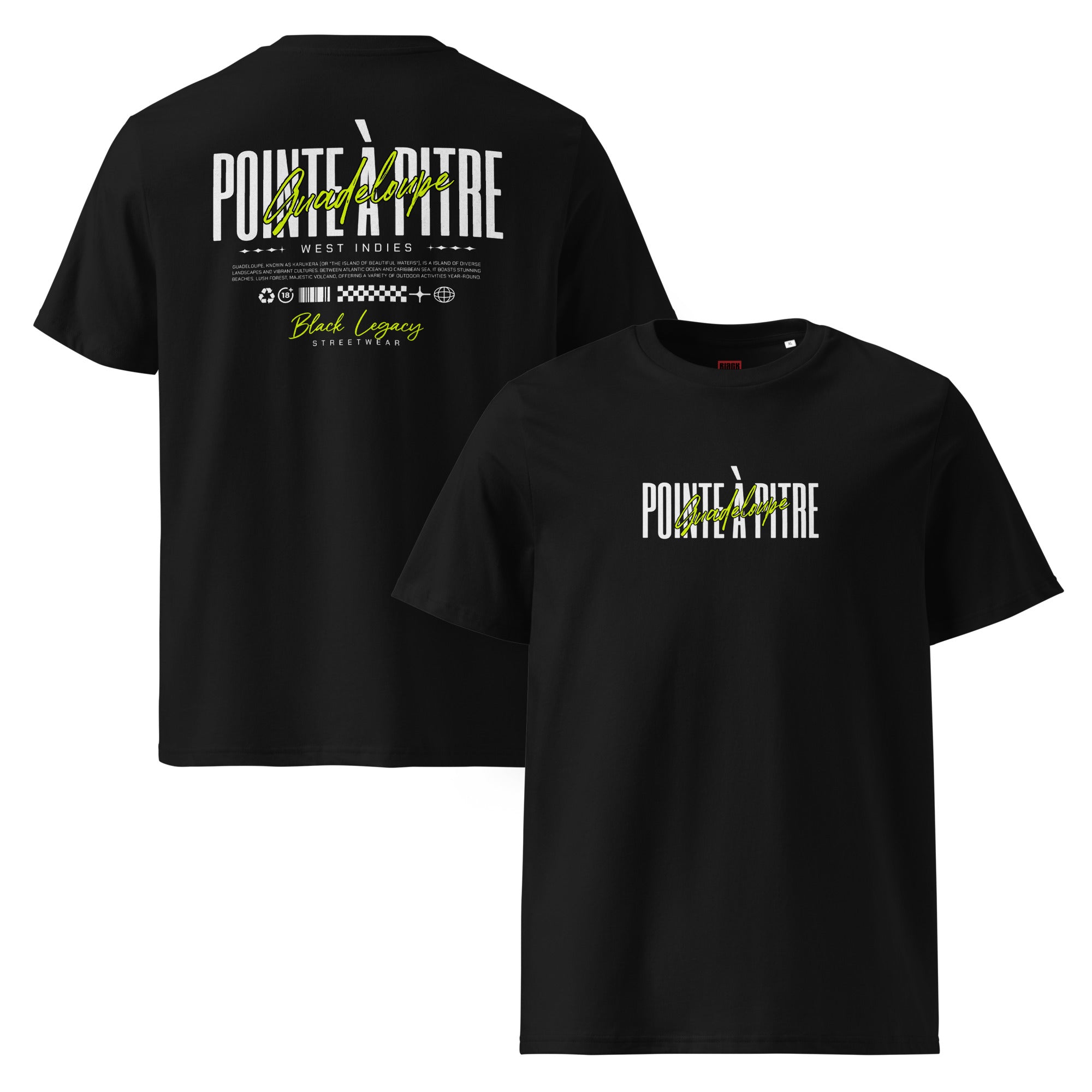 T-SHIRT UNISEXE NOIR RECTO VERSO - POINTE À PITRE FLUO - BLACK LEGACY STREETWEAR