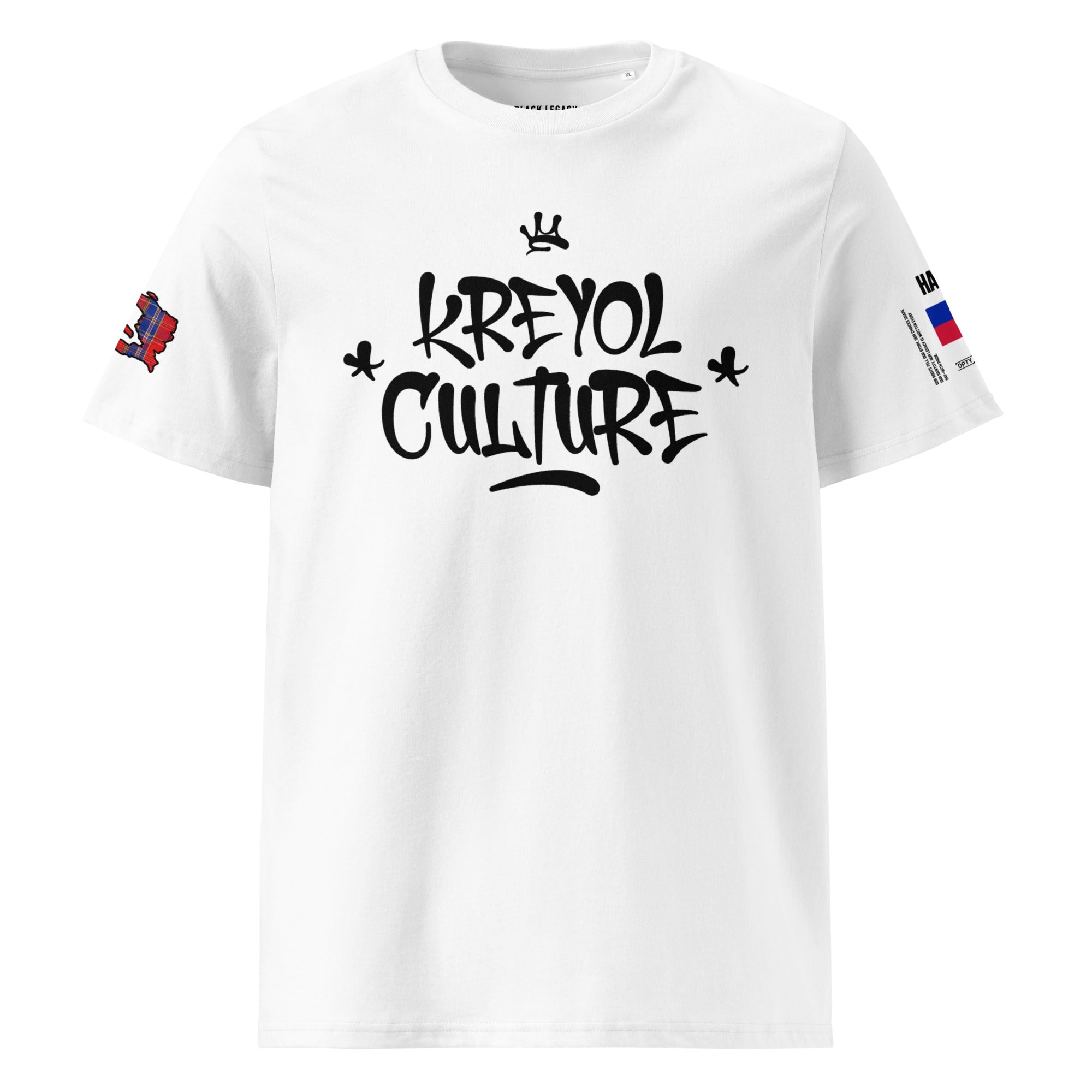 T-SHIRT UNISEXE BLANC - KREYOL CULTURE - DRAPEAU HAITI CARTE MADRAS - BLACK LEGACY STREETWEAR