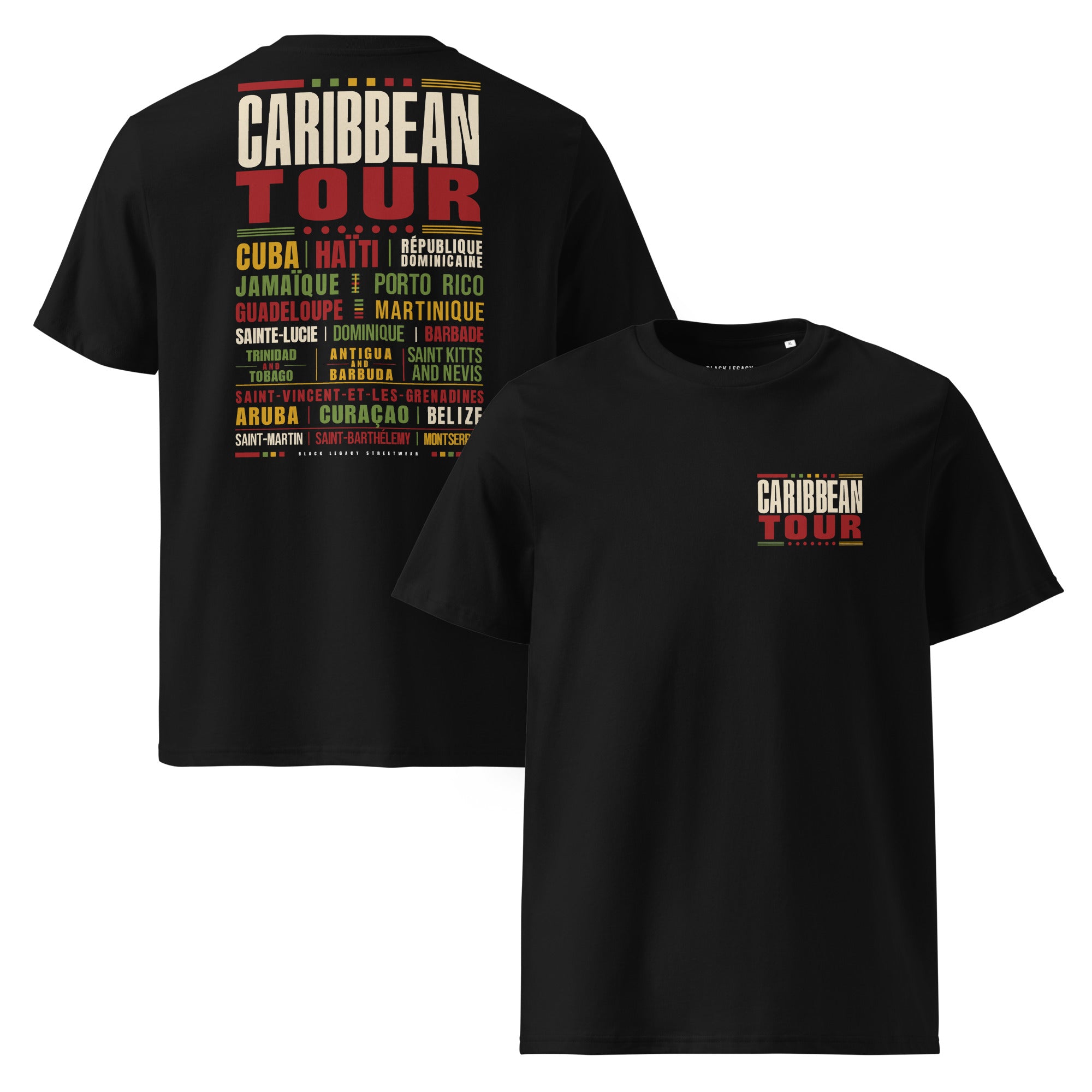 T-shirt unisexe noir Caribbean Tour avec imprimé des îles des Caraïbes au dos - Black Legacy Streetwear