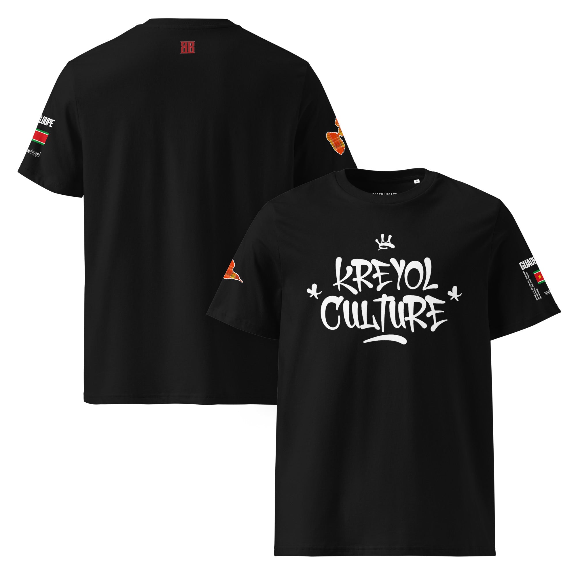 T-SHIRT UNISEXE NOIR - KREYOL CULTURE - DRAPEAU GUADELOUPE CARTE MADRAS - BLACK LEGACY STREETWEAR